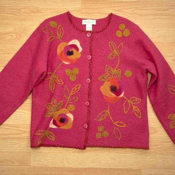 Susan Bristol Sweaters - Susan Bristol Pink Boiled Wool Hand Embroidered Sweater Cardigan, Vintage Size L
